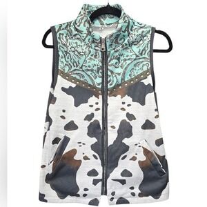 Coastal‎ Cowgirl Cow Print Zip Vest Turquoise M Rodeo Westerncore Country Ranch
